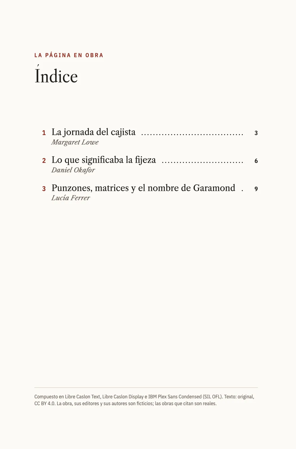 Página de apertura 2: Índice. Página 2: el índice, tres ensayos numerados con puntos guía y número de página, cada uno con el nombre de su autor en cursiva gris bajo el título.