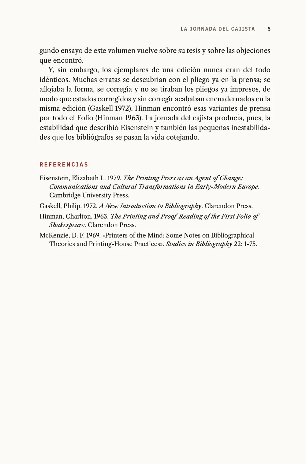 Página 5: REFERENCIAS. Página 5: el final del capítulo 1 y su lista de Referencias con cuatro obras, entre ellas Eisenstein 1979 y Gaskell 1972.