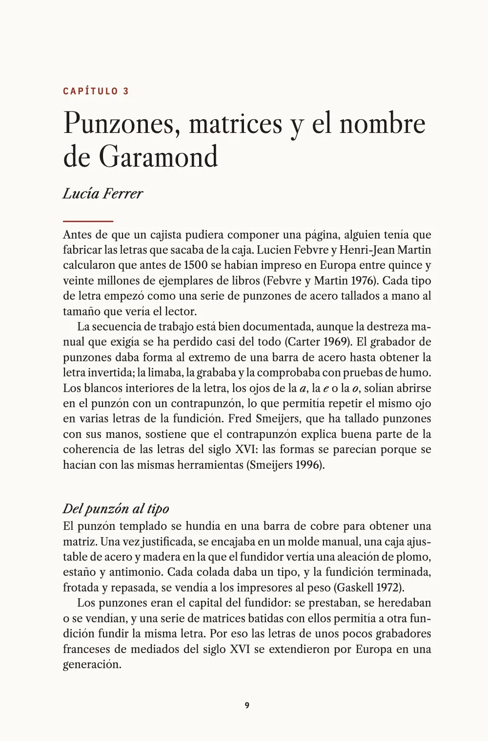 Página de apertura 9: 3 Punzones, matrices y el nombre de Garamond.