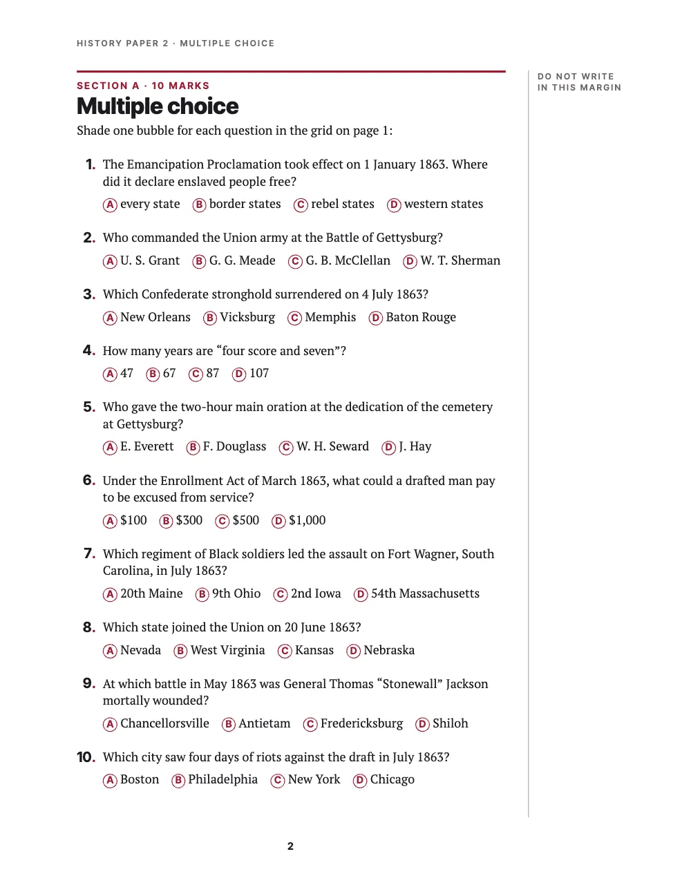 Page 2: Multiple choice. Section A, 10 marks: ten multiple-choice questions on 1863, each with a large bold number and a crimson full stop, and under each question a line of four options that each open with a lettered bubble.