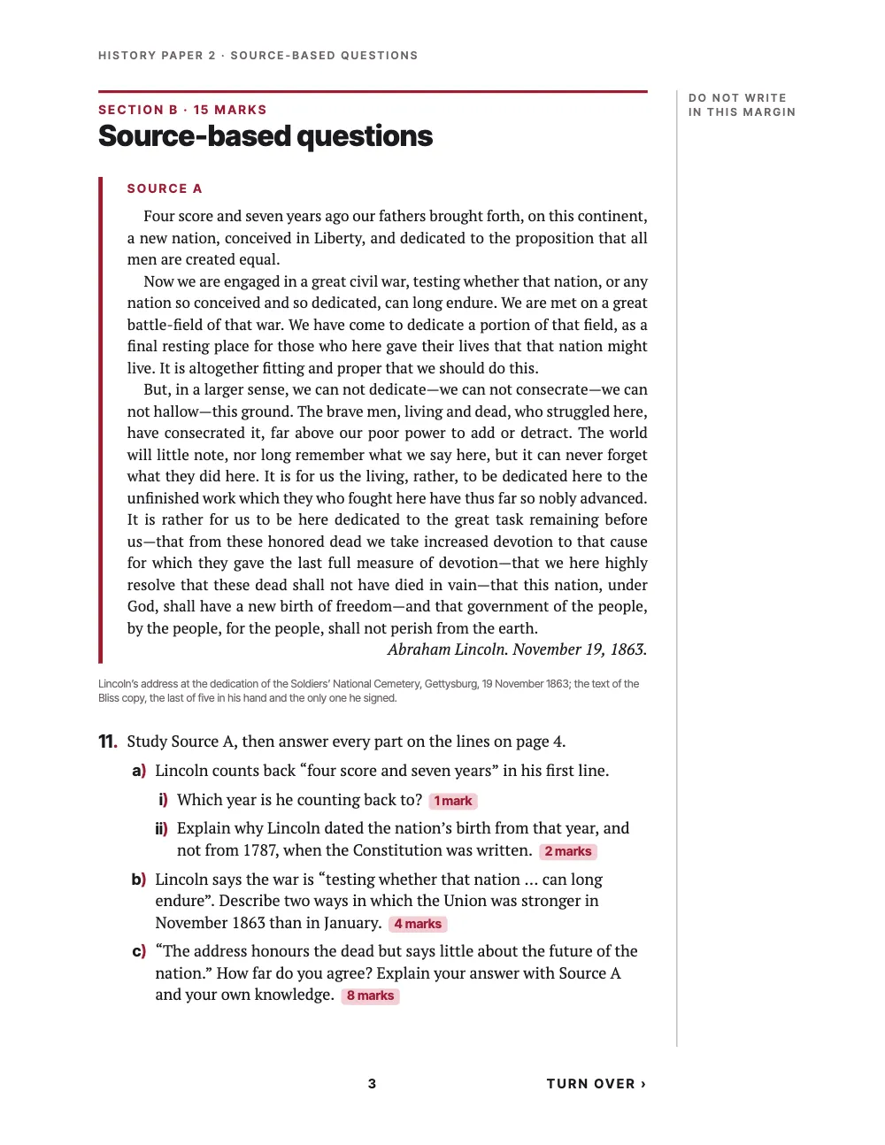 Page 3: Source-based questions. Section B, 15 marks: the Gettysburg Address as Source A beside a crimson stripe, signed Abraham Lincoln. November 19, 1863, with a small credit line under it; then question 11 with parts a) i), a) ii), b) and c), each ending in a pink chip giving its marks, and Turn over at the foot.