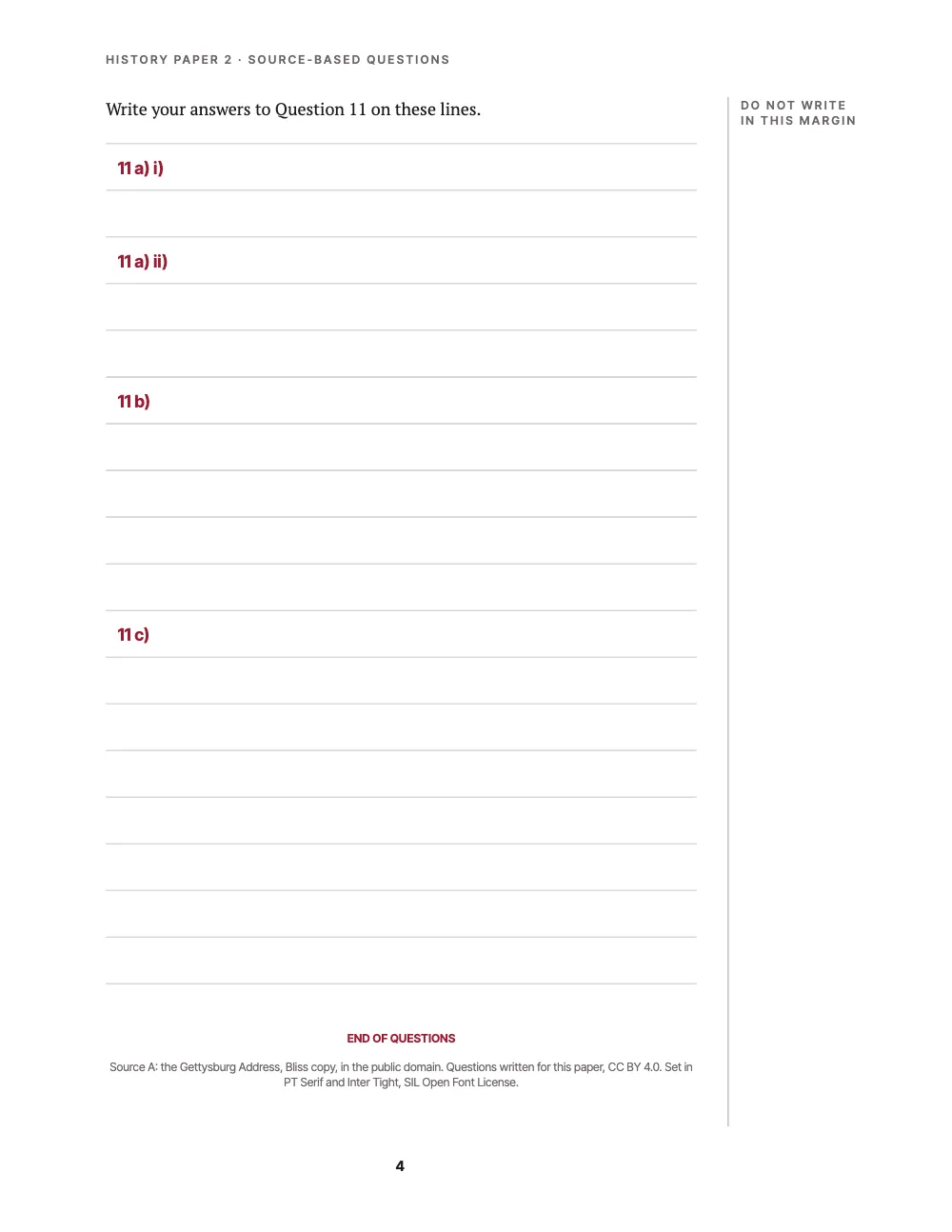 Page 4. The answer page: groups of grey rules two lines of text apart, the first row of each group holding its part in crimson, from one row for 11 a) i) to eight for 11 c); End of questions and the colophon close the page.