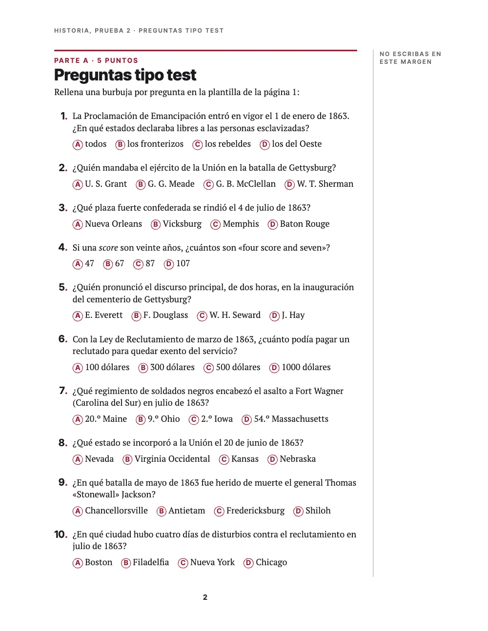 Página 2: Preguntas tipo test. Parte A, 5 puntos: diez preguntas tipo test sobre 1863, cada una con un número grande en negrita y un punto carmesí, y bajo cada pregunta una línea con cuatro opciones que empiezan por una burbuja con su letra.