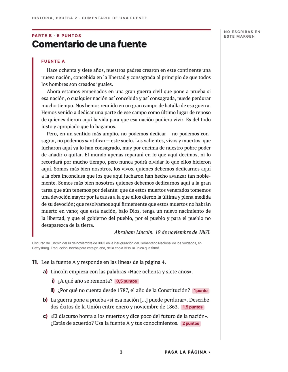 Página 3: Comentario de una fuente. Parte B, 5 puntos: el discurso de Gettysburg como fuente A junto a una franja carmesí, firmado Abraham Lincoln. 19 de noviembre de 1863, con una nota de procedencia debajo; después, la pregunta 11 con los apartados a) i), a) ii), b) y c), cada uno terminado en un chip rosa con su puntuación, y Pasa la página al pie.