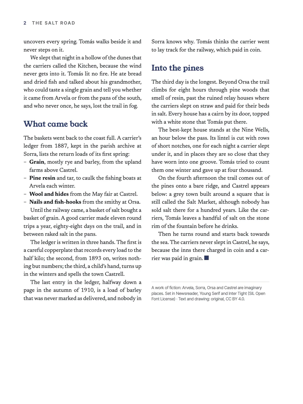 Page 2: What came back. The verso that follows: a folio and the article title as the running head, two justified columns with indigo subheads, a dash list with bold lead words, an end mark and the colophon under a hairline.