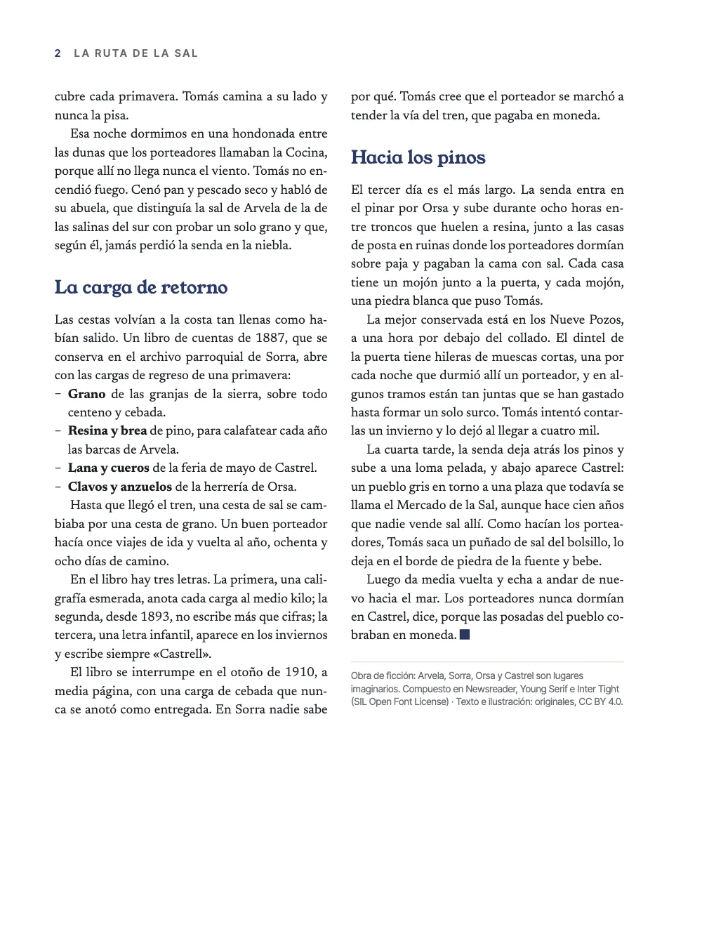 Página 2: La carga de retorno. La página par siguiente: el folio y el título del reportaje como cabecera, dos columnas justificadas con ladillos en añil, una lista de guiones con las palabras iniciales en negrita, un signo de fin y el colofón bajo un filete.