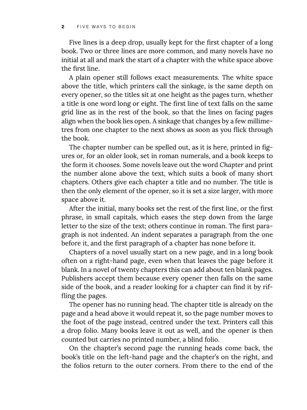 Page 2. The chapter runs on in justified Lora under the book's running head, folio and title on the left.