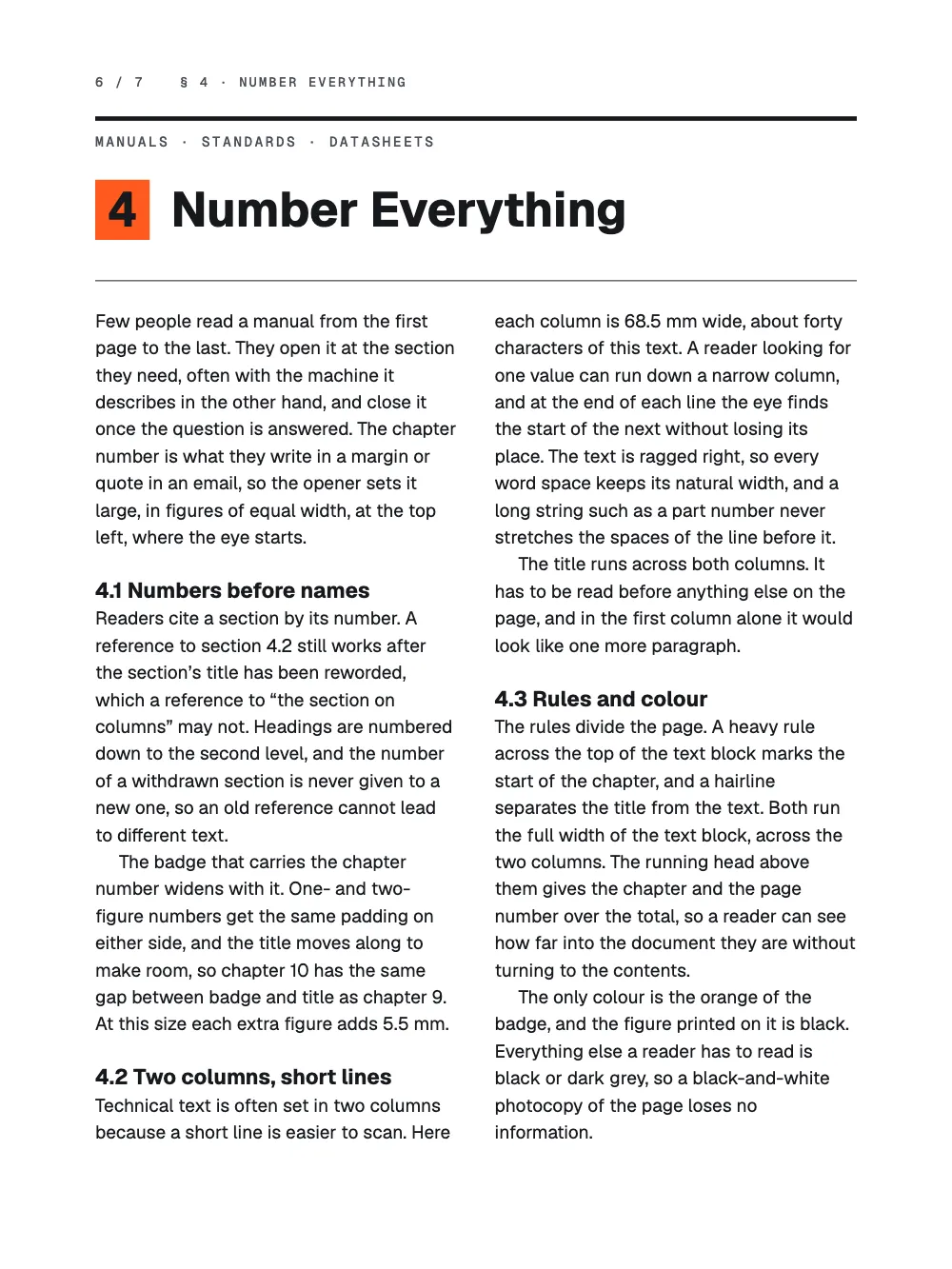 Opening page 6: Number Everything. Chapter 4, “Number Everything”: mono running heads, a heavy rule, an orange number badge beside a bold sans title, and two ragged columns with numbered sections.