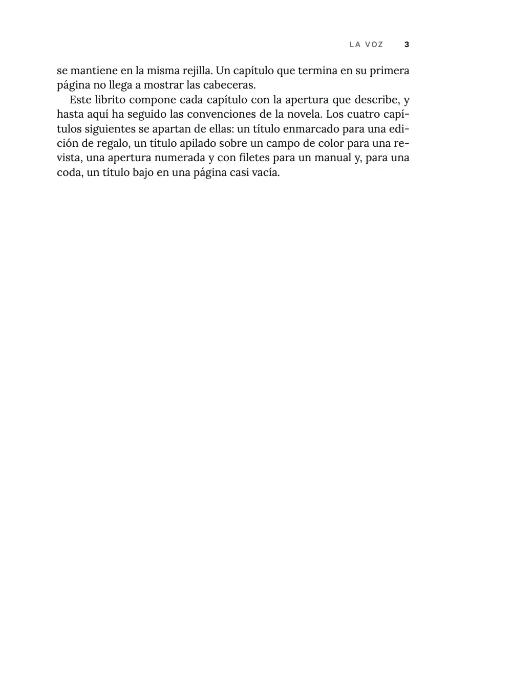 Página 3. La última página del capítulo: dos párrafos en lo alto, bajo una cabecera con el título del capítulo y el folio a la derecha.