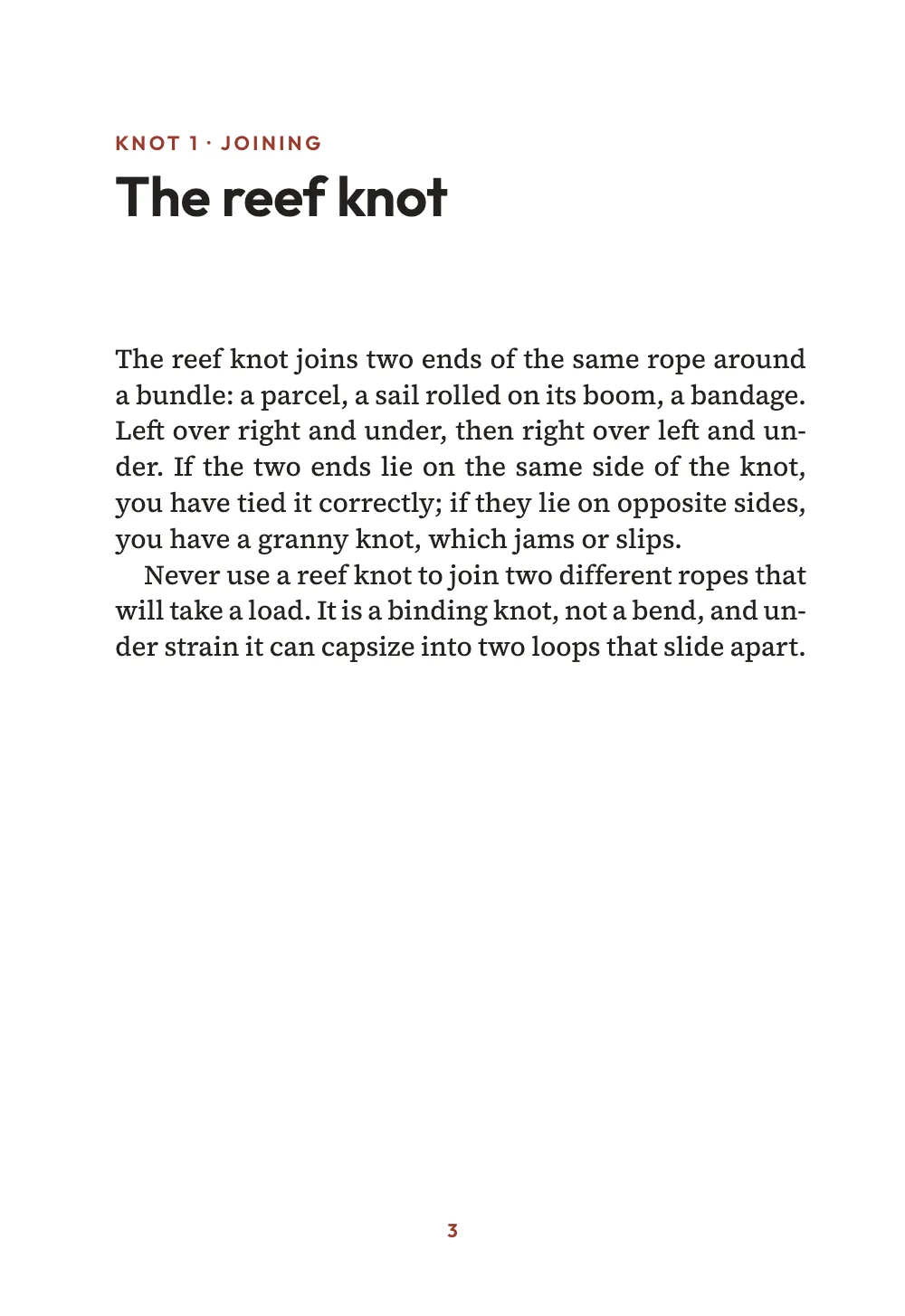 Opening page 3: The reef knot. A knot page: a small red kicker, the knot's name in a sans heading and two short justified paragraphs.