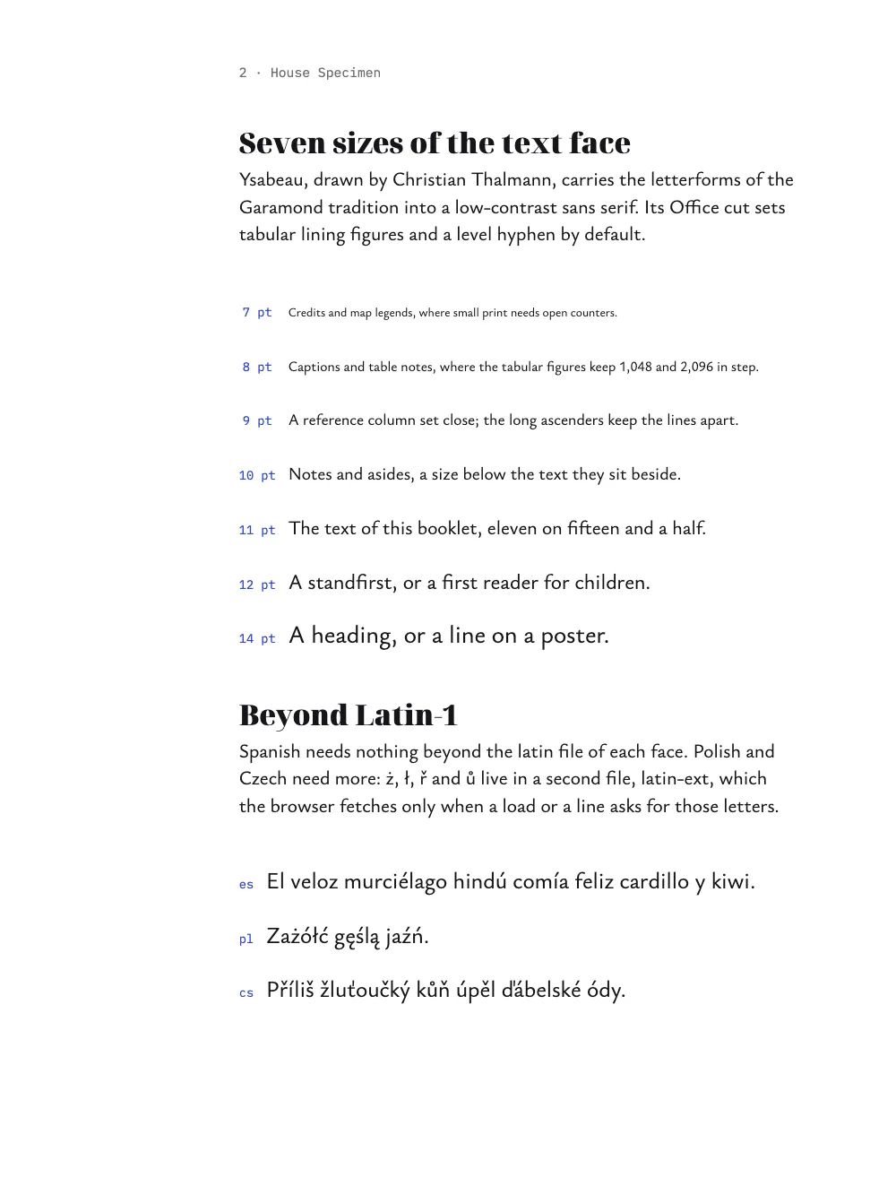 Page 2: Seven sizes of the text face.