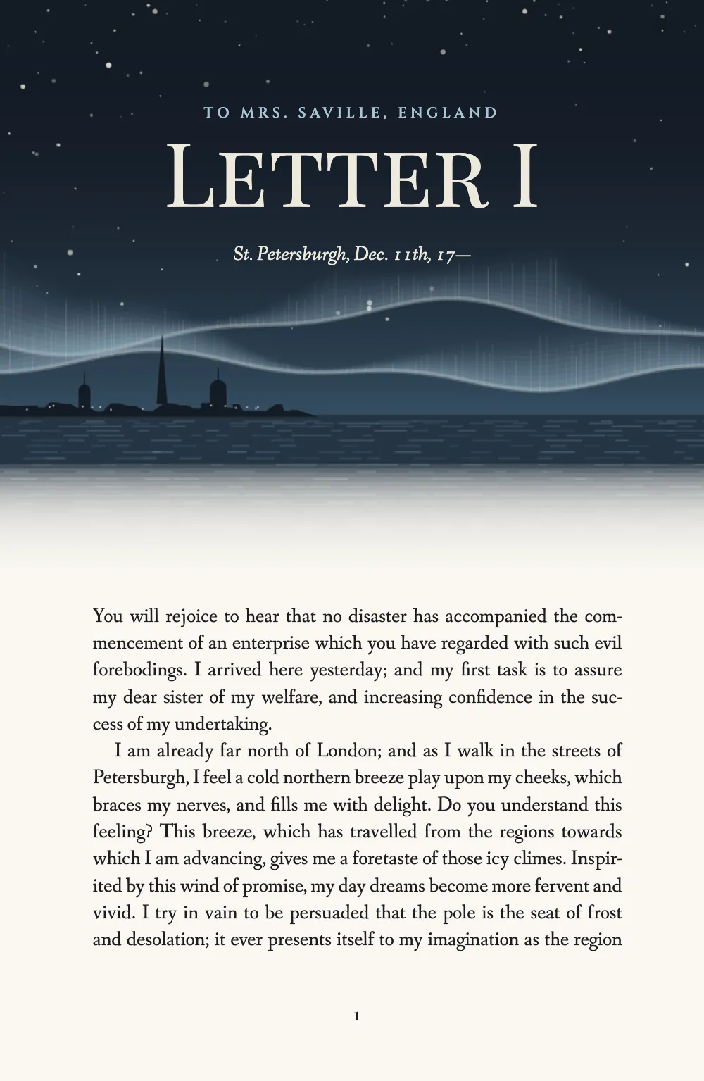 Opening page 1: Letter I. Letter I opens on a right-hand page under the northern lights over St Petersburgh; its folio, 1, sits in the same place as the x on the facing page.