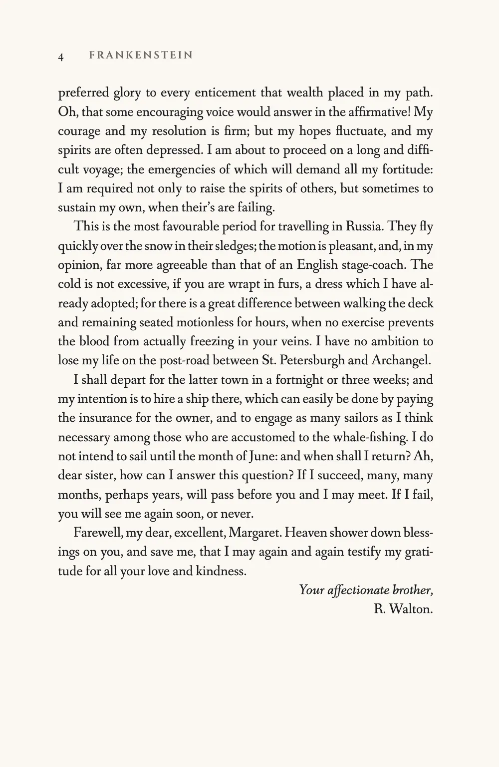 Page 4. Page 4, the end of Letter I: the running head sets the book’s title beside the folio, and Walton’s signature is set flush right.