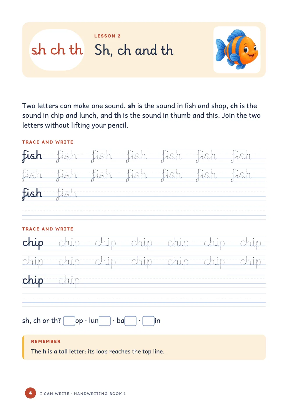 Opening page 4: Sh, ch and th.