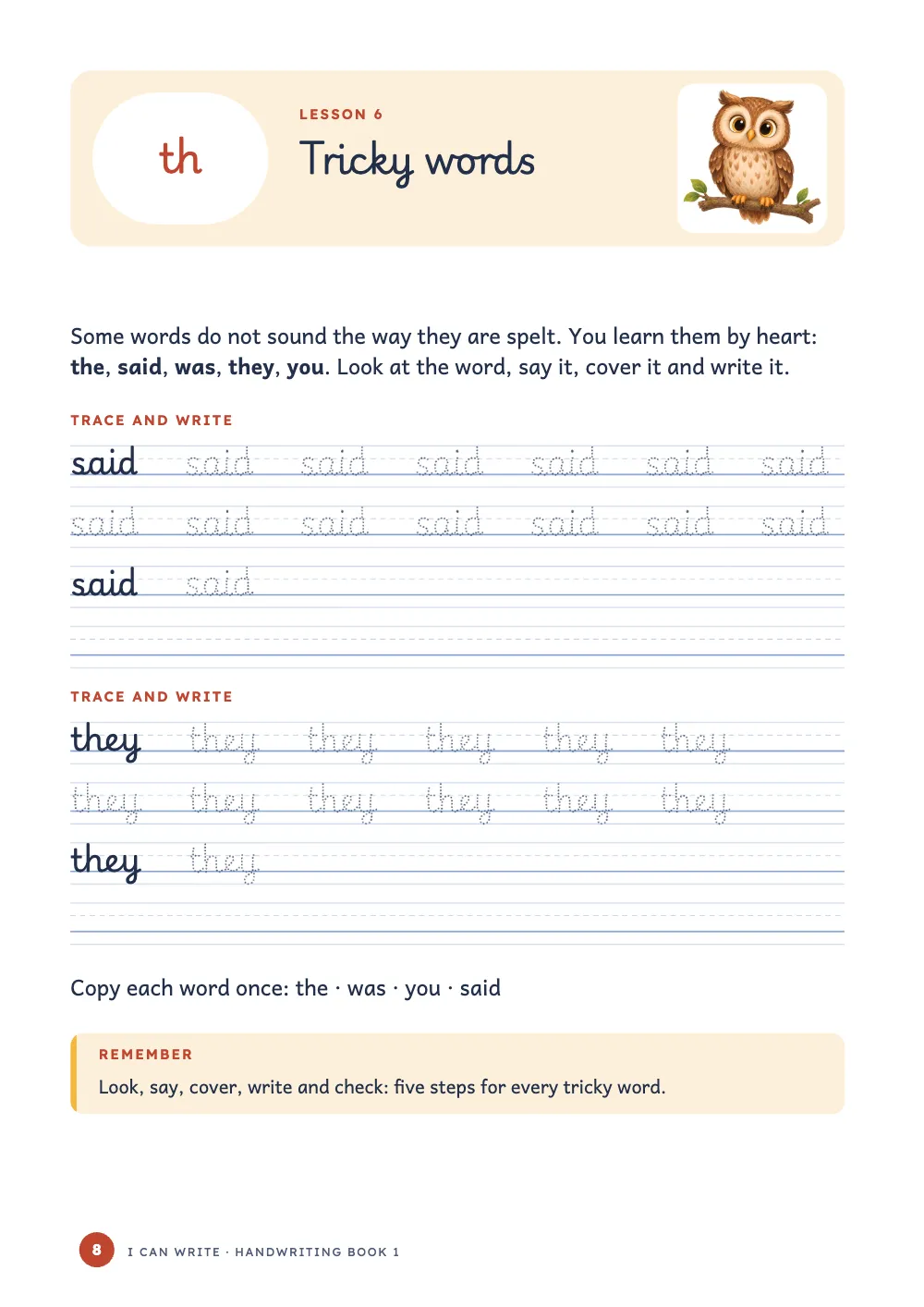 Opening page 8: Tricky words.