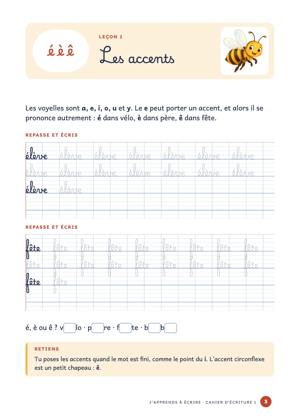 Page d’ouverture 3 : Les accents. Une page de leçon : un bandeau crème avec les lettres é è ê dans une pastille blanche, le titre Les accents et une abeille peinte ; un court texte ; deux blocs d’exercice de quatre lignes chacun sur réglure Seyès, avec le modèle à l’encre foncée suivi de copies en pointillés, une ligne de pointillés, le modèle avec une copie et une ligne vide ; une ligne à trous à compléter et un encadré Retiens avec une bande jaune.