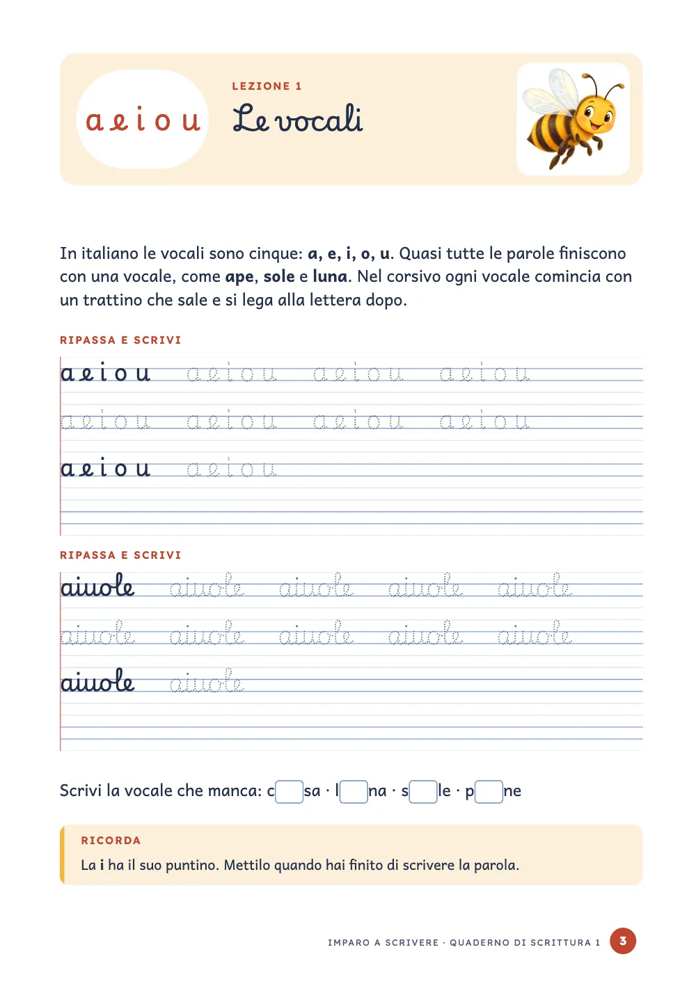 Pagina d’apertura 3: Le vocali. Una pagina di lezione: una fascia crema con le lettere a e i o u in una pillola bianca, il titolo Le vocali e un’ape dipinta; un breve testo; due blocchi di esercizio di quattro righe ciascuno sulla rigatura a quattro linee, con il modello in inchiostro scuro seguito da copie a puntini, una riga di puntini, il modello con una copia e una riga vuota; una riga con spazi da completare e un riquadro Ricorda con una striscia gialla.