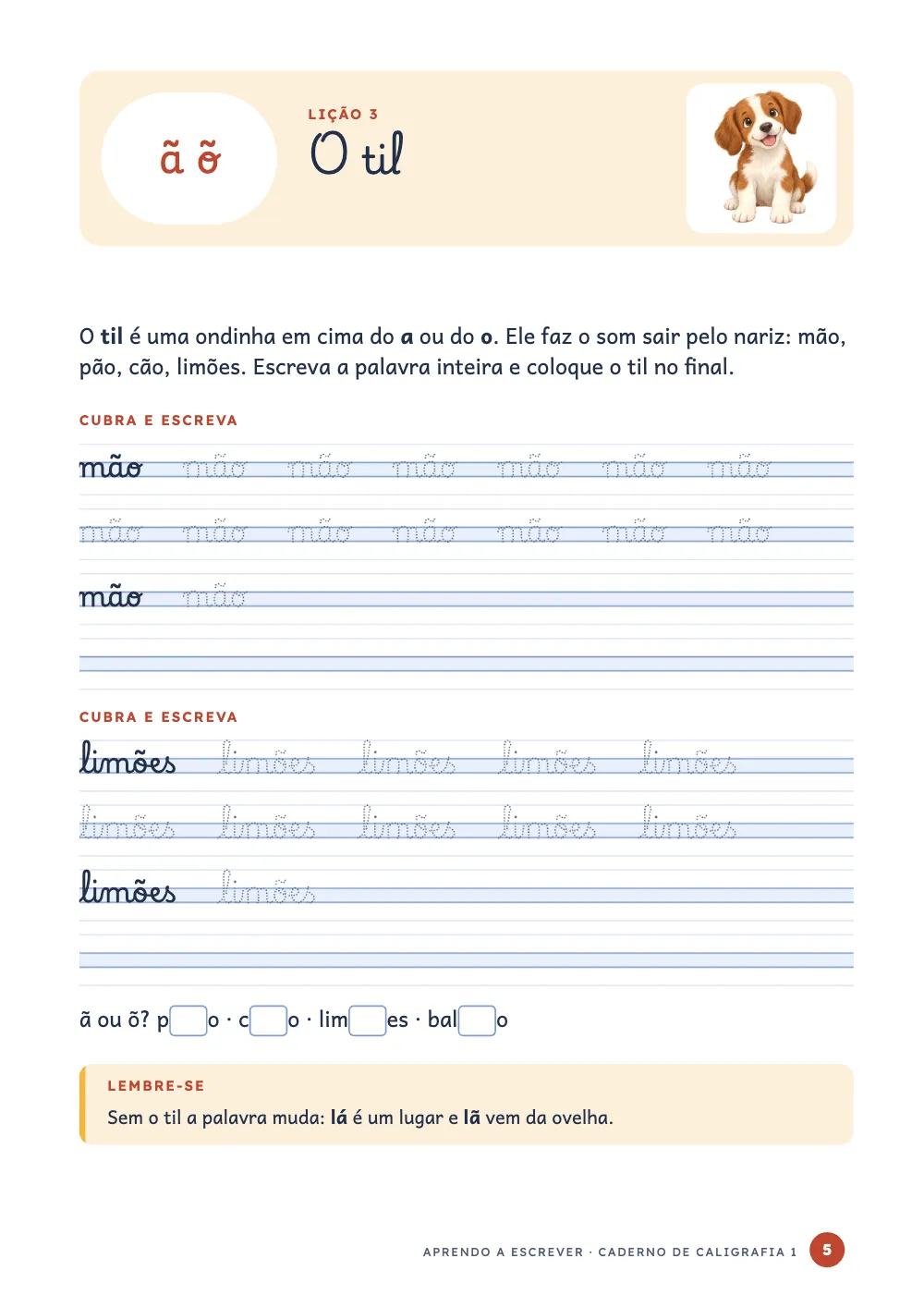 Página de abertura 5: O til. Uma lição: uma faixa creme com as letras ã õ numa pílula branca, o título O til e um cachorro pintado; um texto curto; dois blocos de treino de quatro linhas cada em papel de caligrafia com a faixa do meio azul-clara, o modelo em tinta escura seguido de cópias pontilhadas, uma linha de pontos, o modelo com uma cópia e uma linha vazia; uma linha com lacunas para completar e um boxe Lembre-se com uma faixa amarela.
