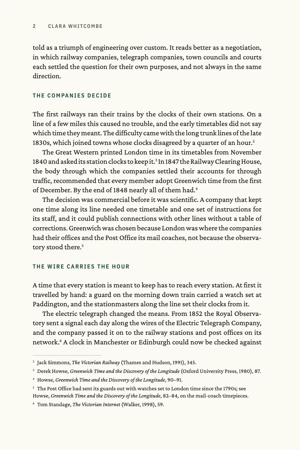 Page 2: THE COMPANIES DECIDE. Page 2: the sections The companies decide and The wire carries the hour; at the foot, notes 2 to 6, where Howse appears in full in note 3 and as Howse, Greenwich Time and the Discovery of the Longitude in note 4.