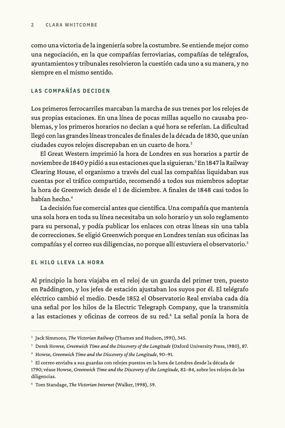 Página 2: LAS COMPAÑÍAS DECIDEN. Página 2: las secciones Las compañías deciden y El hilo lleva la hora; al pie, las notas 2 a 6, donde Howse aparece completo en la nota 3 y como Howse, Greenwich Time and the Discovery of the Longitude en la nota 4.