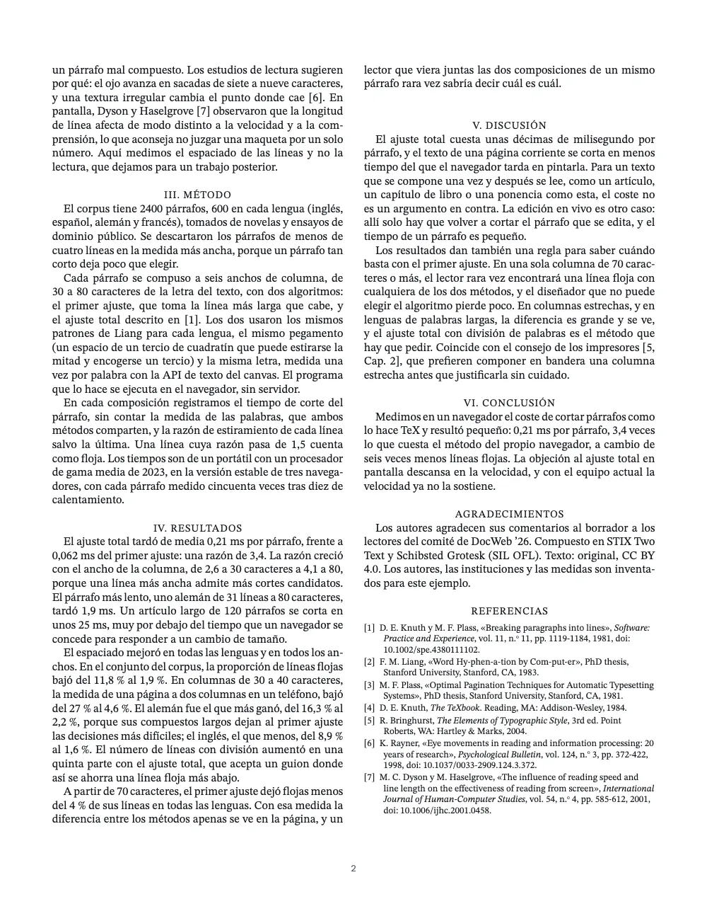 Página 2: III. MÉTODO. Página 2: las secciones III a VI, los agradecimientos y el título REFERENCIAS sobre siete entradas numeradas a 8 pt, cada [n] en su propia columna; las dos columnas acaban a la misma altura.