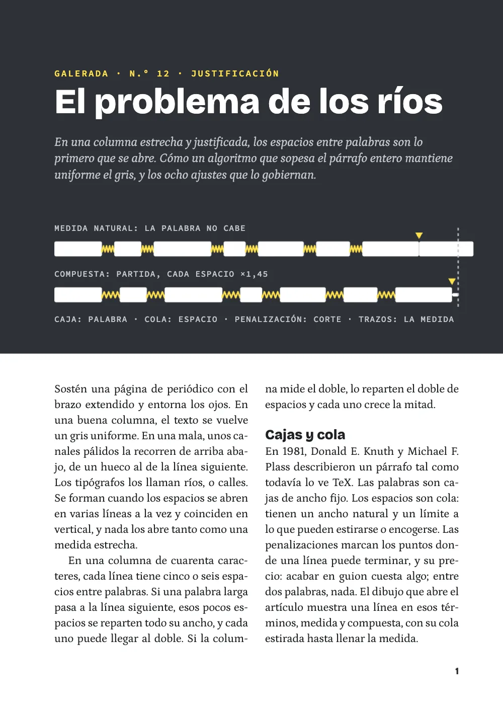 Página de apertura 1: El problema de los ríos. Una banda grafito con el antetítulo Galerada · n.º 12 · Justificación en amarillo fosforito, el título El problema de los ríos en blanco y una entradilla en cursiva; debajo, un diagrama: una fila de cajas blancas unidas por muelles amarillos cuya última palabra rebasa una línea de trazos que marca la medida, y la misma fila partida, con los muelles estirados hasta la medida. Bajo la banda empiezan dos columnas justificadas.