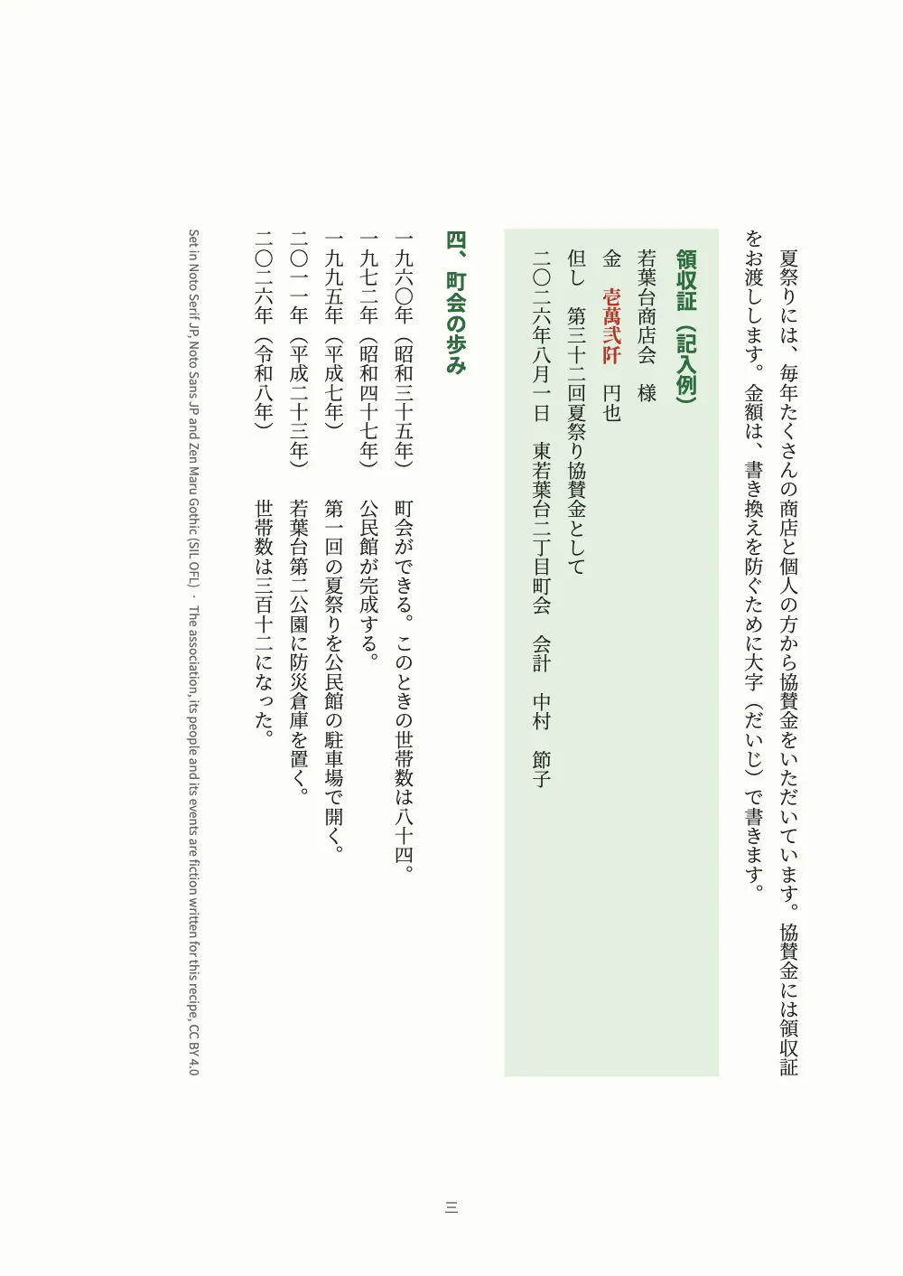 Page 三: 四、町会の歩み. The receipt in a green tint with 壱萬弐阡 in red, then 四、町会の歩み: five years written digit by digit, 一九六〇年, and the colophon in Latin on its side.
