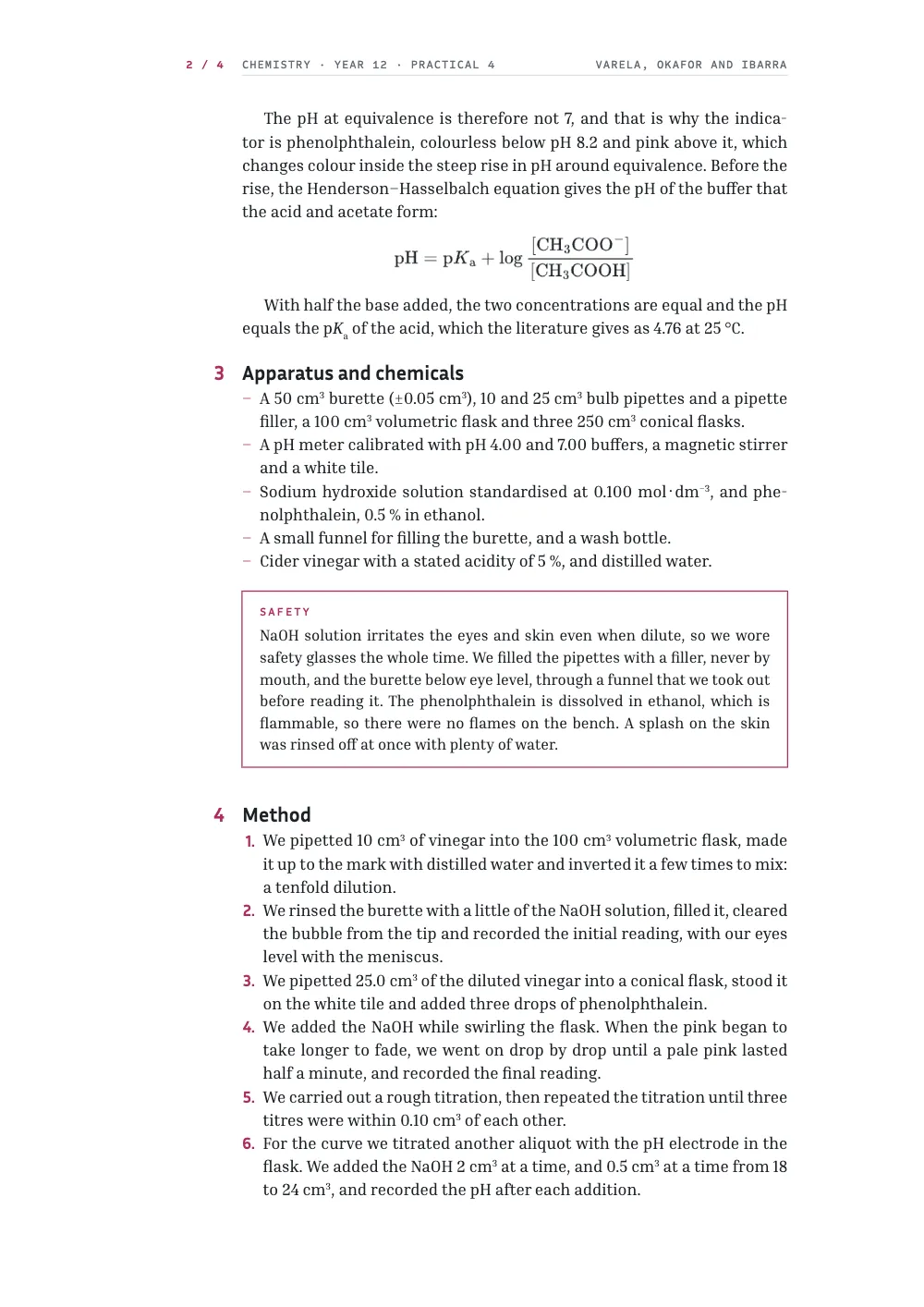 Page 2: 3 Apparatus and chemicals. The Henderson–Hasselbalch equation, section 3 with the apparatus list and a safety note in a thin pink frame, and section 4 with the six numbered steps of the method.