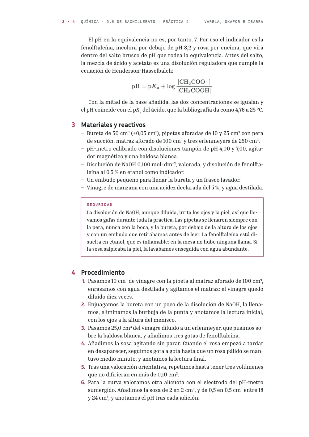 Página 2: 3 Materiales y reactivos. La ecuación de Henderson-Hasselbalch, el apartado 3 con la lista de materiales y una nota de seguridad en un marco rosa fino, y el apartado 4 con los seis pasos numerados del procedimiento.