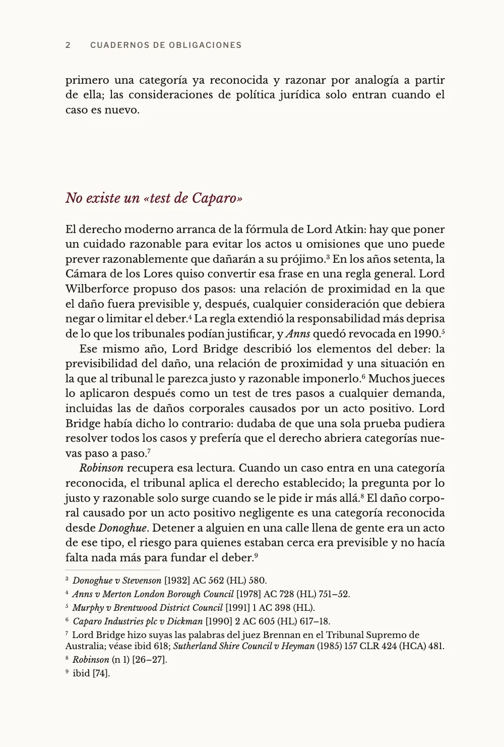 Página 2: No existe un «test de Caparo». Página 2: la sección No existe un «test de Caparo», con las notas 3 a 9: Donoghue v Stevenson, Anns, Murphy y Caparo completas, un repertorio australiano entre paréntesis y Robinson (n 1) [26–27].