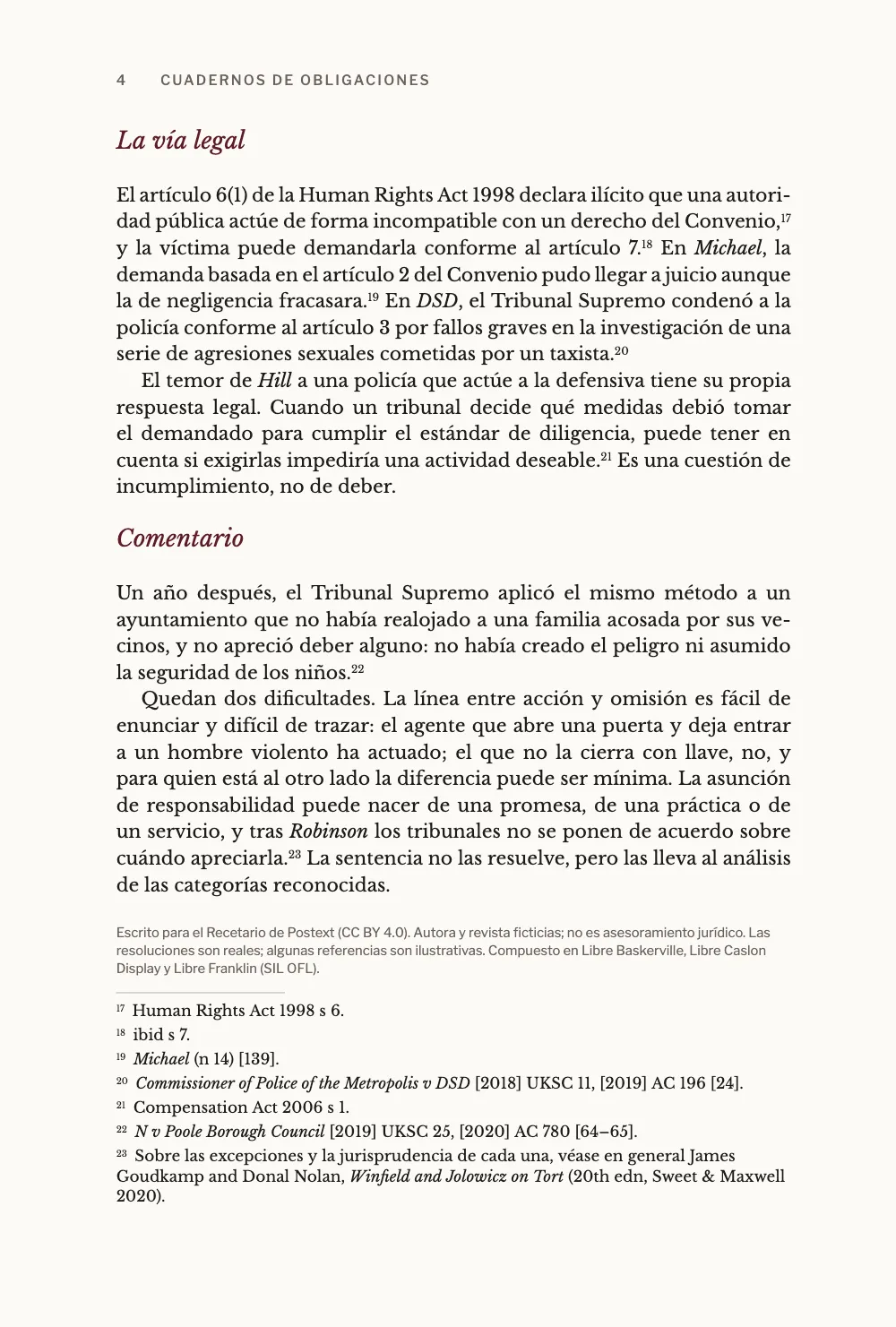 Página 4: La vía legal. Página 4: La vía legal, con la Human Rights Act 1998 citada por artículos e ibid s 7, la Compensation Act 2006, el comentario final, un colofón pequeño y las notas 17 a 23.