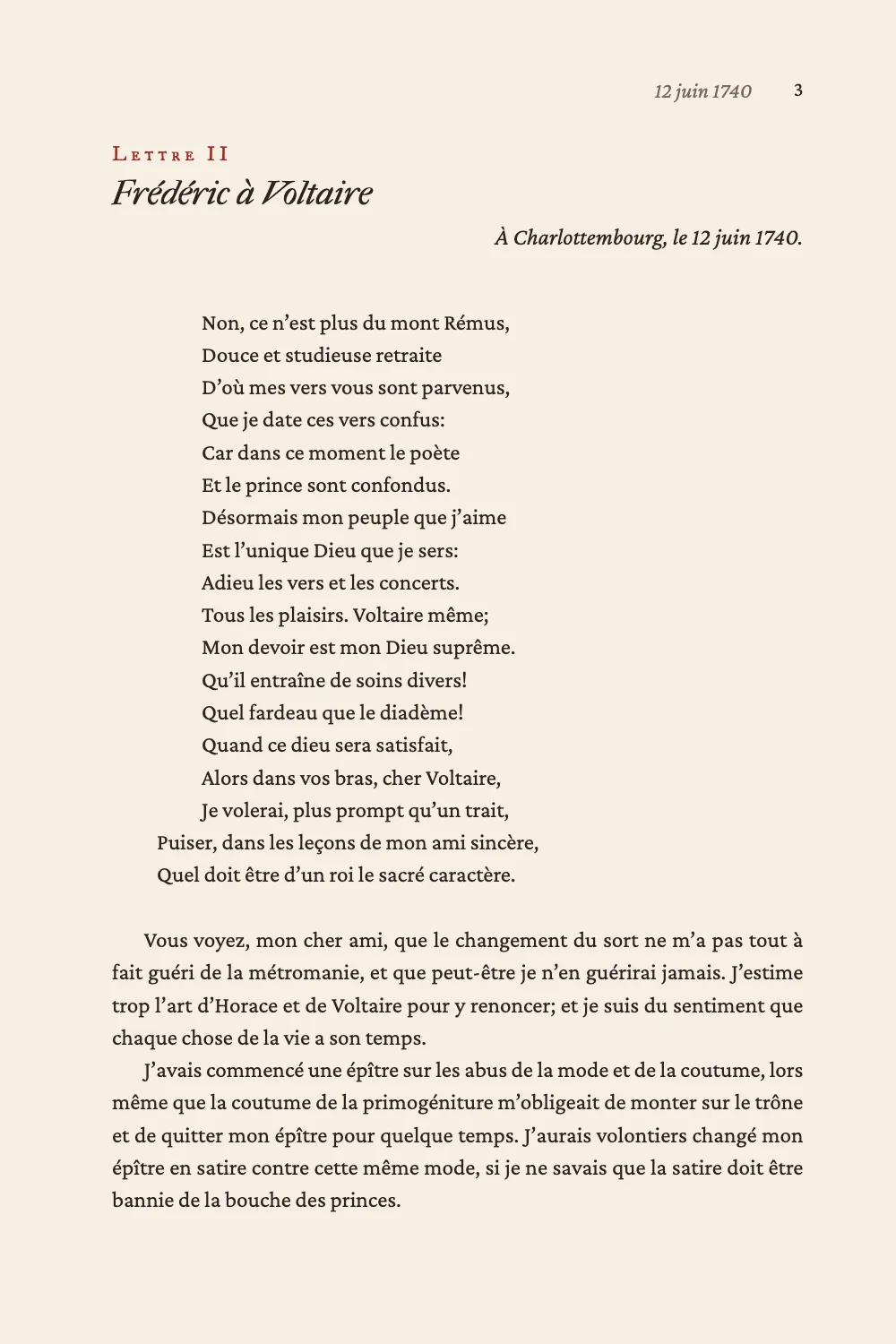 Página 3: II Frédéric à Voltaire. La carta II abre la página bajo la cabecera 12 juin 1740, con los dieciocho versos de Federico sangrados.