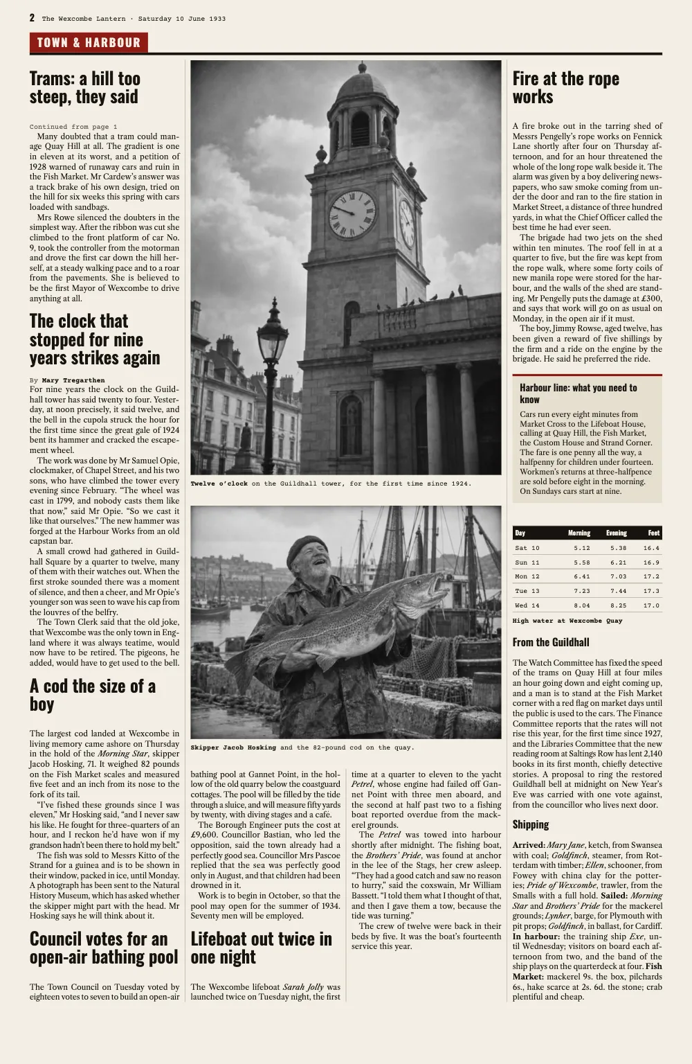 Opening page 2: Town & Harbour. High water at Wexcombe Quay · Twelve o’clock on the Guildhall tower, for the first time since 1924. · Skipper Jacob Hosking and the 82-pound cod on the quay.