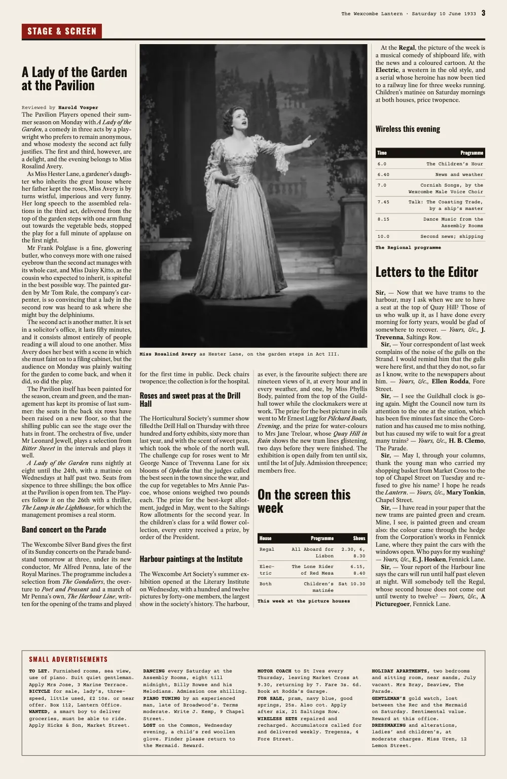 Opening page 3: Stage & Screen. This week at the picture houses · The Regional programme · Miss Rosalind Avery as Hester Lane, on the garden steps in Act III.