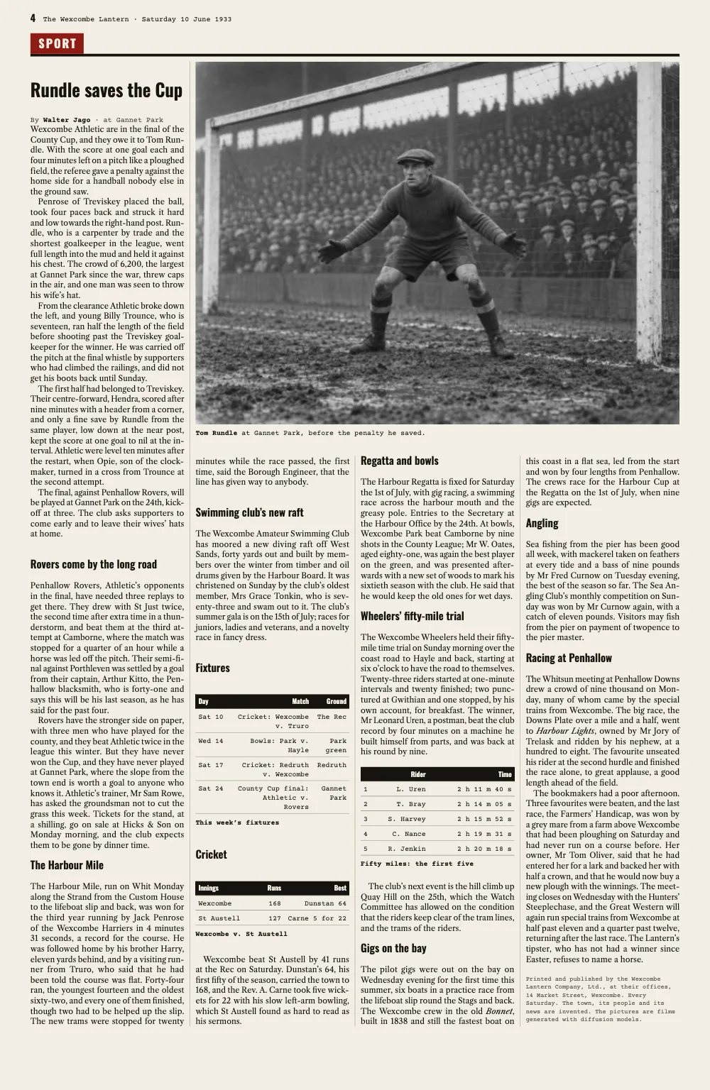Opening page 4: Sport. This week’s fixtures · Wexcombe v. St Austell · Fifty miles: the first five · Tom Rundle at Gannet Park, before the penalty he saved.