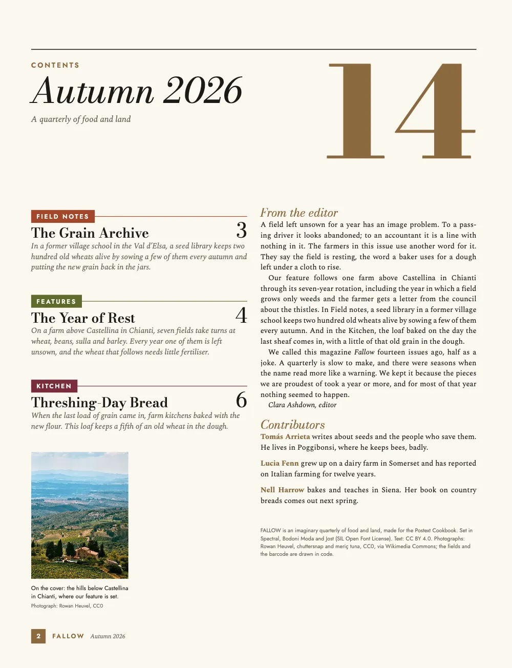 Opening page 2: Contents. On the cover: the hills below Castellina in Chianti, where our feature is set. The contents: a large 14 in earth brown, three section rows with coloured tabs, each story's title, page number and standfirst, a small copy of the cover, and the editor's letter, the contributors and a small colophon in the right-hand column.