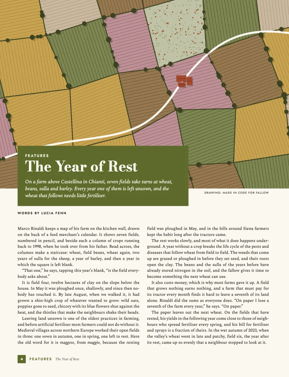 Opening page 4: The Year of Rest. The feature opener: a drawn patchwork of fields seen from above, one of them left fallow, with an olive panel rising into its foot.