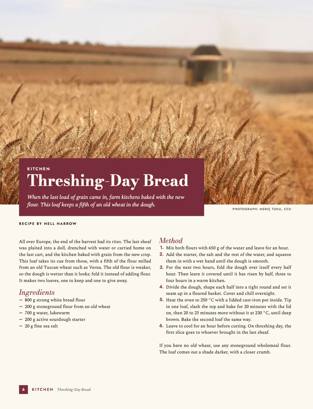 Opening page 6: Threshing-Day Bread. Kitchen: ripe wheat with a wine-red panel rising into its foot, then the ingredients and the method with wine-red dashes and numbers.