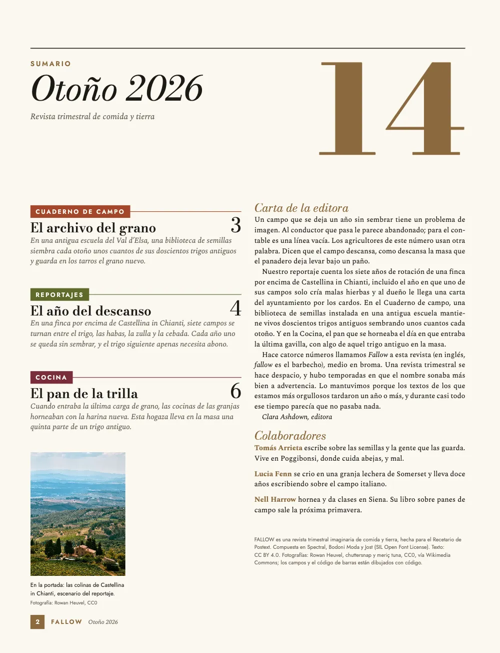 Página de apertura 2: Sumario. En la portada: las colinas de Castellina in Chianti, escenario del reportaje. El sumario: un gran 14 en color tierra, tres filas de sección con pestañas de color, el título, la página y la entradilla de cada artículo, una miniatura de la portada y, en la columna derecha, la carta de la editora, los colaboradores y un pequeño colofón.