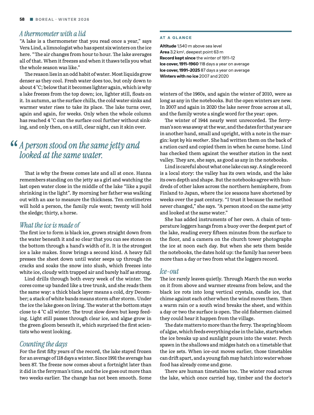 Page 58: A thermometer with a lid. The verso: teal italic crossheads, a pull quote whose quotation mark hangs in the outer margin, and an At a glance box under a teal stripe at the head of the right-hand column.