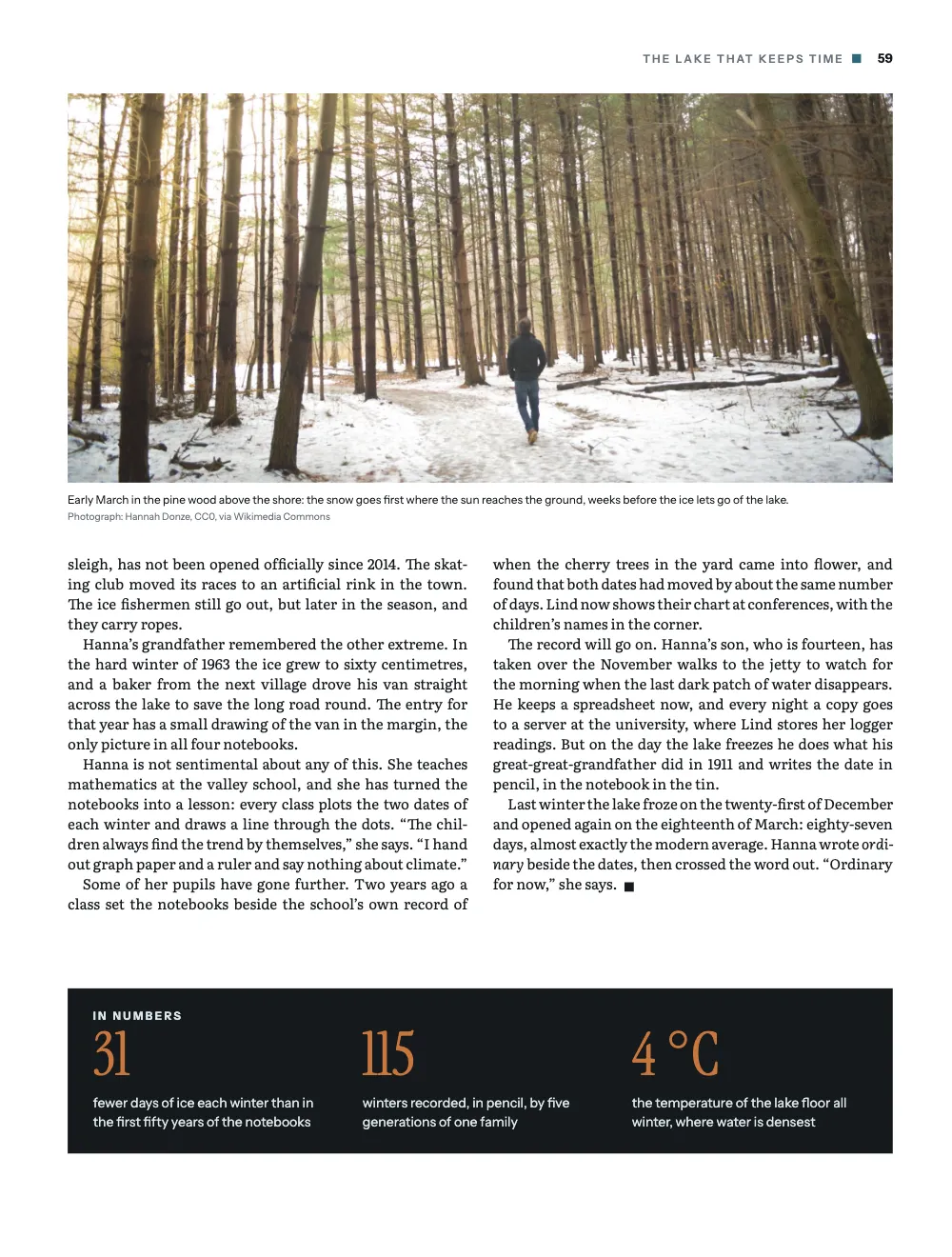 Page 59: 31. Early March in the pine wood above the shore: the snow goes first where the sun reaches the ground, weeks before the ice lets go of the lake. The recto: a band of snowy pine wood across the top, the end of the story closed by a small black square, and a dark In numbers panel at the foot.