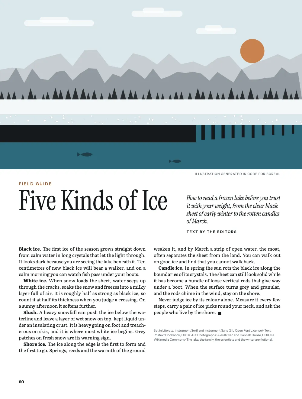 Opening page 60: Five Kinds of Ice. Five Kinds of Ice, a field guide, opens with the same design over a drawing of a frozen lake in section, with a rust kicker.