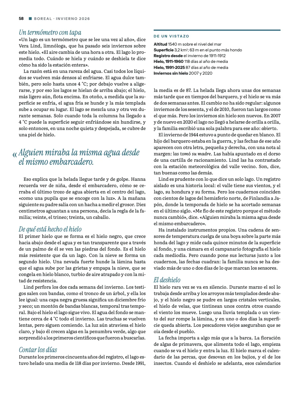 Página 58: Un termómetro con tapa. La página par: ladillos en cursiva verde azulada, una cita destacada con las comillas colgadas en el margen exterior y un recuadro De un vistazo bajo un filete verde azulado, en cabeza de la columna derecha.