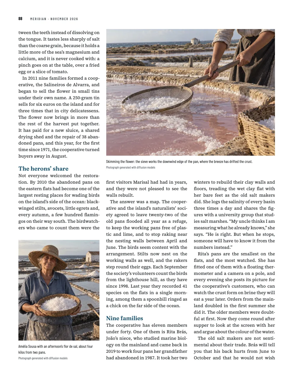 Page 88: The herons’ share. Skimming the flower: the sieve works the downwind edge of the pan, where the breeze has drifted the crust. · Amélia Sousa with an afternoon’s flor de sal, about four kilos from two pans.