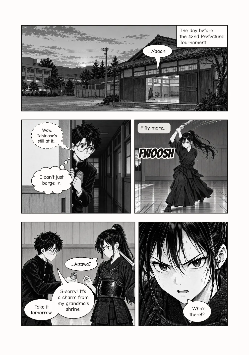 Page 1. The English edition, page 1: the same panels in the same places, the balloons rebuilt around horizontal English lines.