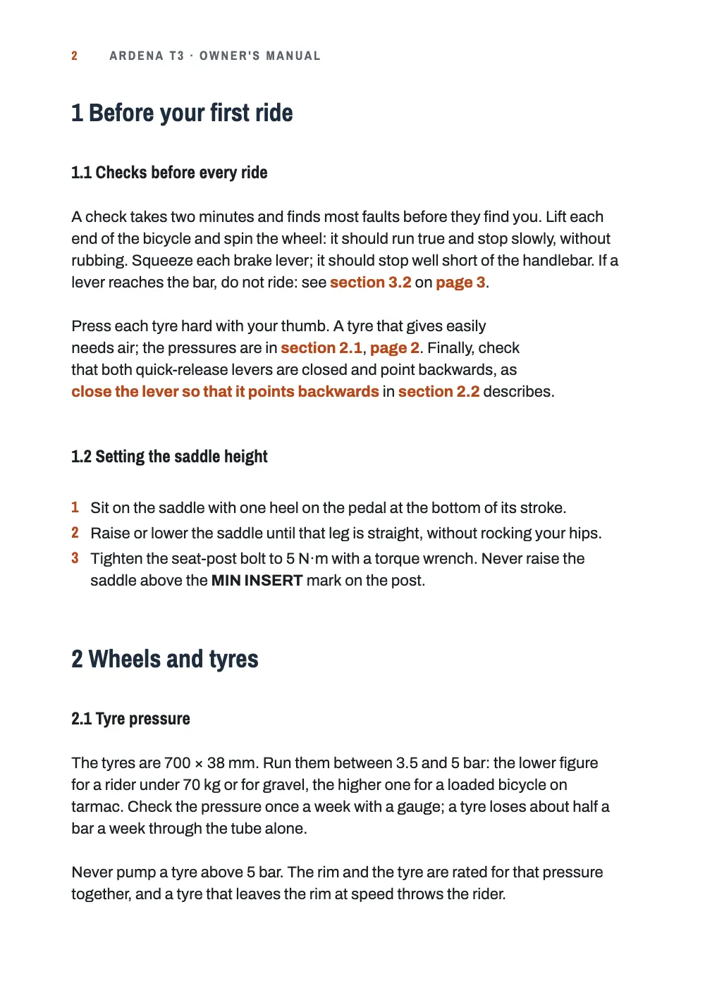 Page 2: 1 Before your first ride. Page 2: section 1 with references such as section 3.2 on page 3 and the phrase close the lever so that it points backwards, which links to a step in section 2.2; numbered steps for the saddle height; section 2.1 on tyre pressure.