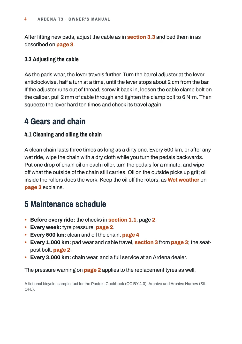 Page 4: 3.3 Adjusting the cable. Page 4: adjusting the cable, section 4 on the chain with a reference back to Wet weather on page 3, and the maintenance schedule, a list of intervals each pointing to a section and a page.