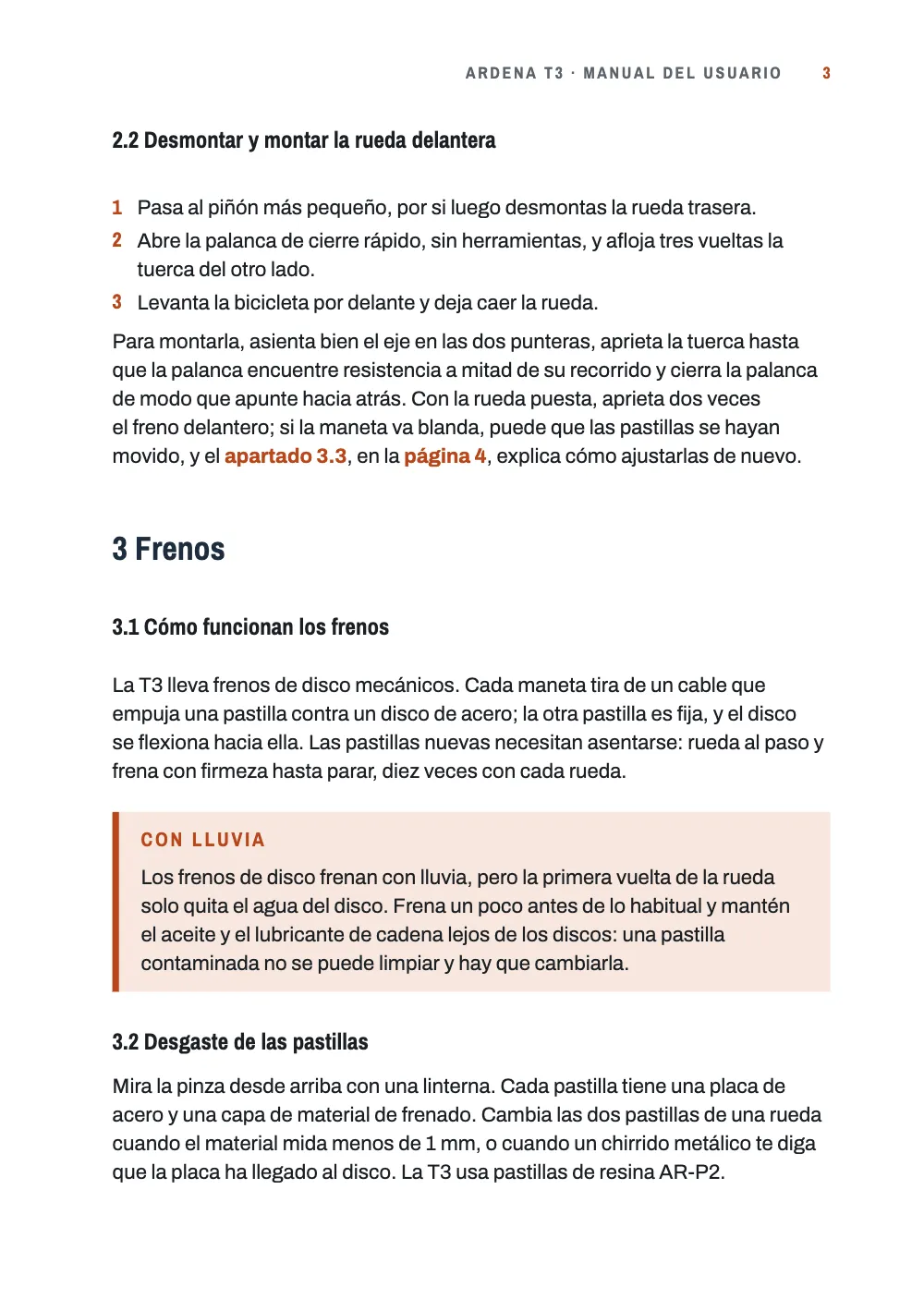 Página 3: 2.2 Desmontar y montar la rueda delantera. Página 3: desmontar y montar la rueda delantera, el apartado 3 sobre los frenos con un recuadro Con lluvia con franja lateral naranja, y el comienzo del 3.2.