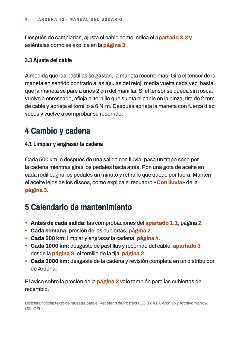 Página 4: 3.3 Ajuste del cable. Página 4: el ajuste del cable, el apartado 4 sobre la cadena con una remisión hacia atrás al recuadro Con lluvia de la página 3, y el calendario de mantenimiento, una lista de intervalos que apuntan a un apartado y a una página.