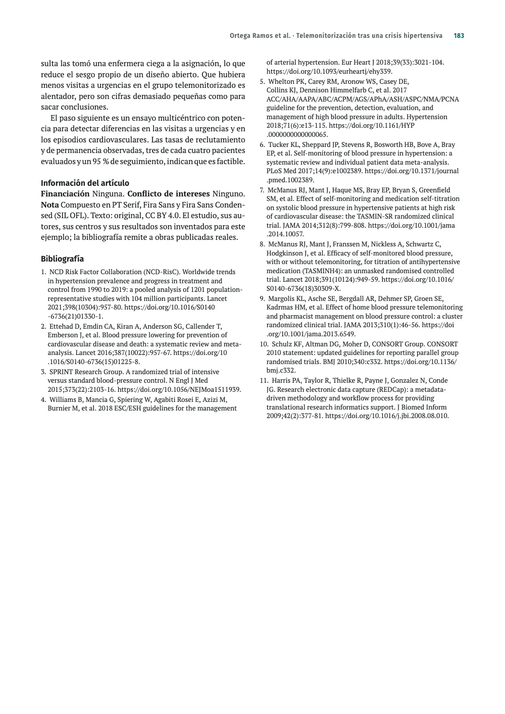 Página 183: Información del artículo. Página 183: la información del artículo y once referencias numeradas a dos columnas, cada una con su DOI escrito como https://doi.org/…